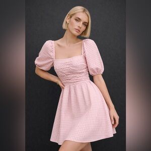 Reformation Zula Linen Mini Dress Pink White Blush Check Size 8 NWT